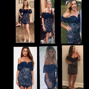 XS New LULUS Bellissimo Dark Blue Lace Off-shouler bodycon dress cocktail party